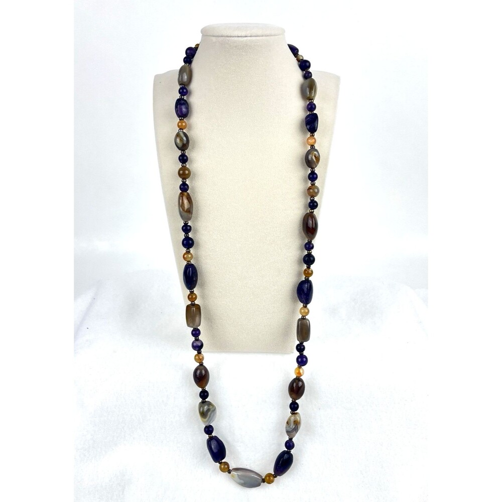 Vintage Beggar beads Necklace Polished Natural Gemstones Earthy Bohemian  14.5 L